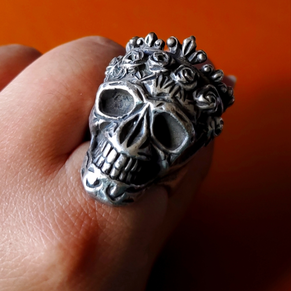 Momento Mori Sterling Silver Skull and Roses Ring Size 8.5
